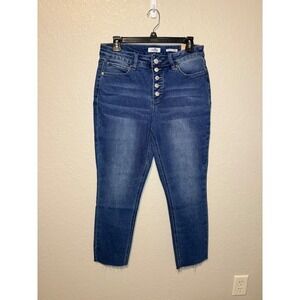 Royalty High Rise Straight Jeans Vintage Wash Button Fly Raw Hem Womens